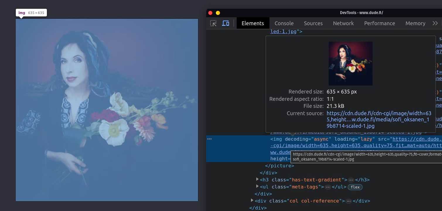 Sofi Oksasen kuva, devtools auki. Kuvassa havainnollistetaan teknistä taustaa, jossa kuva on rajattu Cloudflaren CDN:n resize-toiminnallisuuden avulla alueeseen sopivaksi.