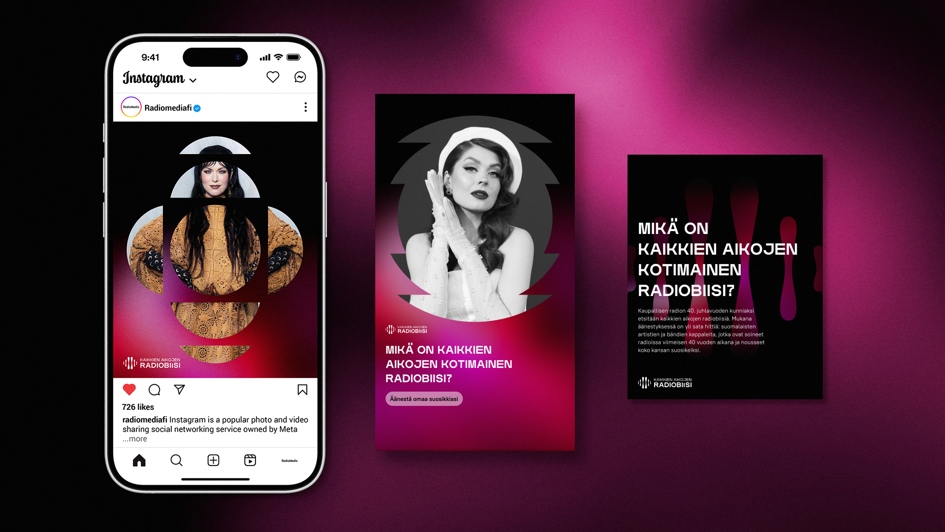 Kampanjailmeen materiaaleja esitettynä sosiaalisen median formaatissa