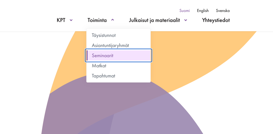 Kehityspoliittinentoimikunta.fi valikko, jossa pudotusvalikko on avattu ja focus on Seminaarit-valikkoitemin kohdalla